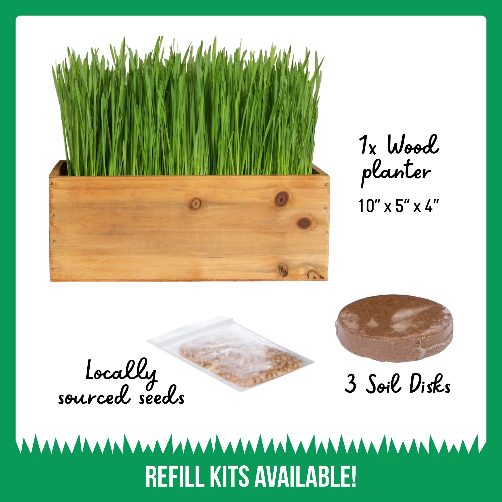 Cat Grass Kit (Organic) Complete with Rustic Wood Planter, Seed and Soil. Easy to Grow