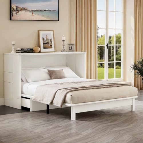 Queen Size Murphy Bed with Large Storage Drawer for Guest Room Home Office, Wood Platform Bed Frame w/USB Ports & Charging Station,White