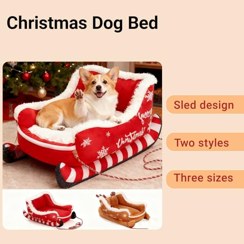 Christmas Sleigh Dog Bed, Funny Santa Sleigh Pet Warm Bed, Removable & Washable Plush Pet Warm Sofa with Non-Slip Base, for Winter Indoor Outdoor. (Red,Small)