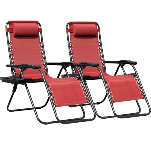 Greesum Zero Gravity Chairs Set of 2 Adjustable Steel Mesh Recliners Beach Deck Lawn Camping Patio Foldable Lounge Chair with Cup Holder Trays and Pillows,Brown