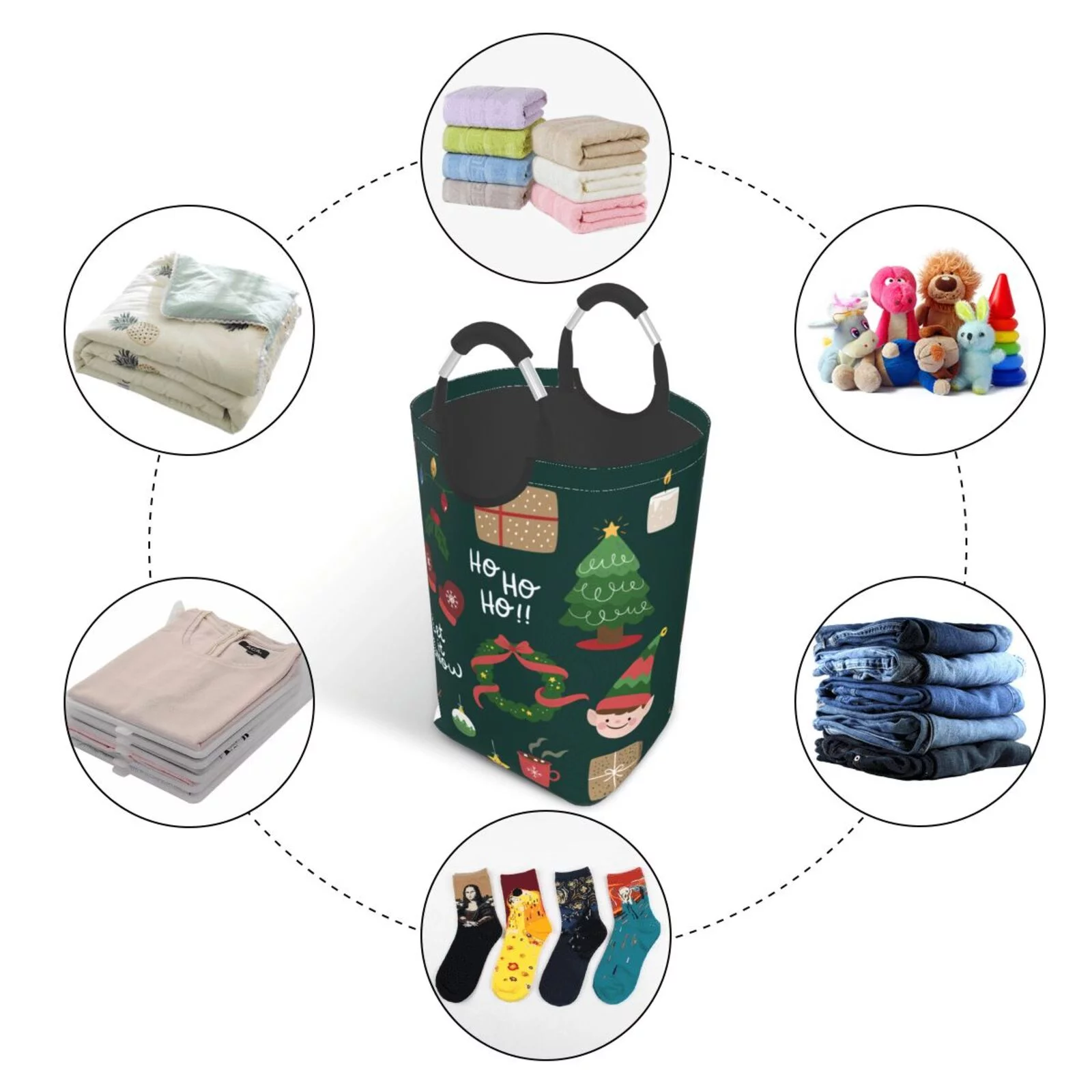 XMXT Collapsible Laundry Basket Hamper, Christmas Elf Snowman Pattern Large Laundry Bag Clothes Hamper with Aluminum Handle, 50L