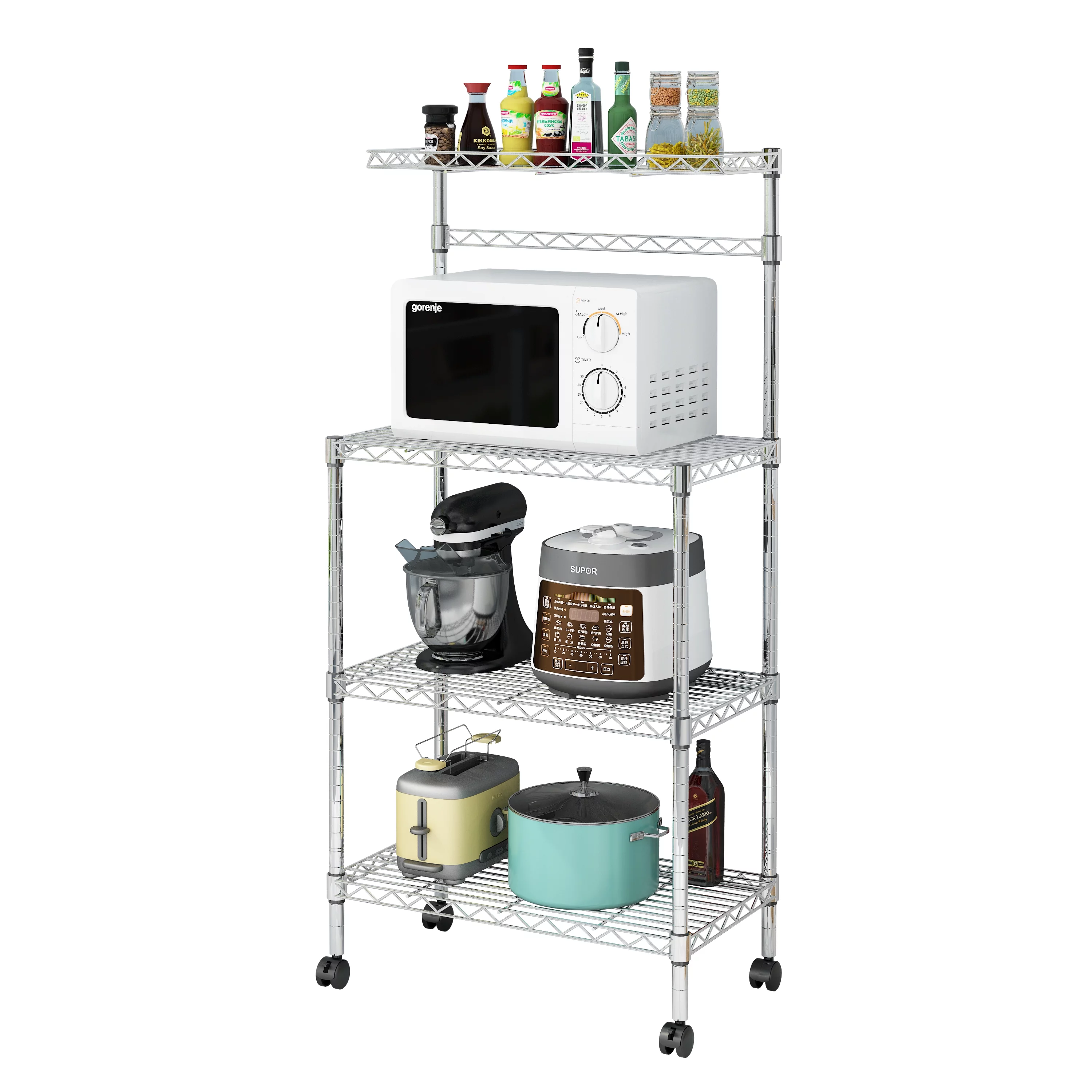 Ktaxon 4-Tier Kitchen Baker's Rack Rolling Microwave Oven Stand Utility Kitchen Cart Island with Storage Shelves, Silver Finish