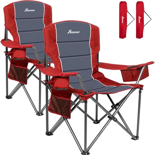 Romswi Oversized Camping Chairs,Heavy Duty Support 500 LBS,Padded Back & Arm Sport Chairs, Cup Holder Cooler Bag, Collapsible Folding Chairs for Outdoor, Fishing & Garden, Black,2-Pack