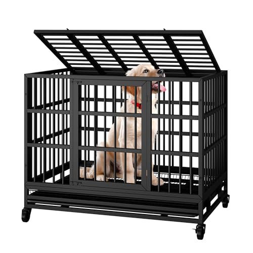 Shintenchi 48 inch Heavy Duty Crates for Large Dog, Indestructible and Escape-Proof Cage Kennel with Lockable Wheels, Double Door High Anxiety with Removable Tray, Black