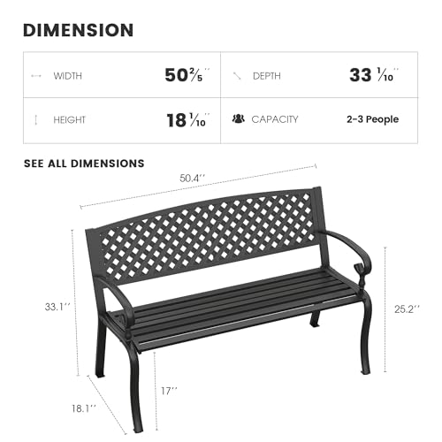 Outdoor Bench, 50 inches Metal Garden Bench, Cast Iron Steel Frame Patio Chairs w/Oval Pattern Backrest for Park, Yard, Porch, Lawn, Balcony, Backyard, Black