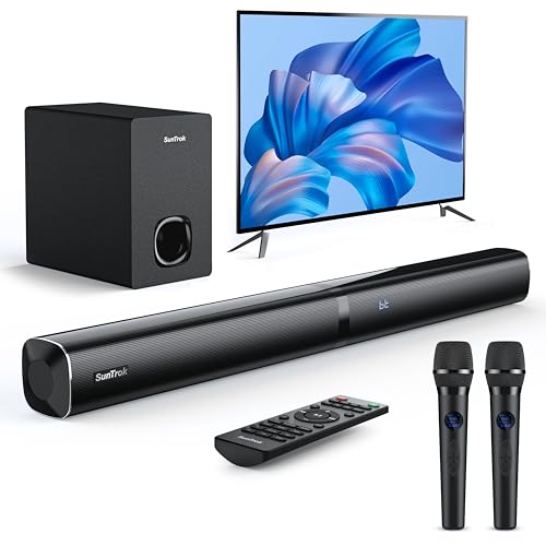 Karaoke Soundbar with Subwoofer for TV: Sound Bar with 2 Wireless Microphones - Home Theater Surround Sound System - Bluetooth Speaker with Remote Supports HDMI ARC/Optical/AUX/USB for TV/PC