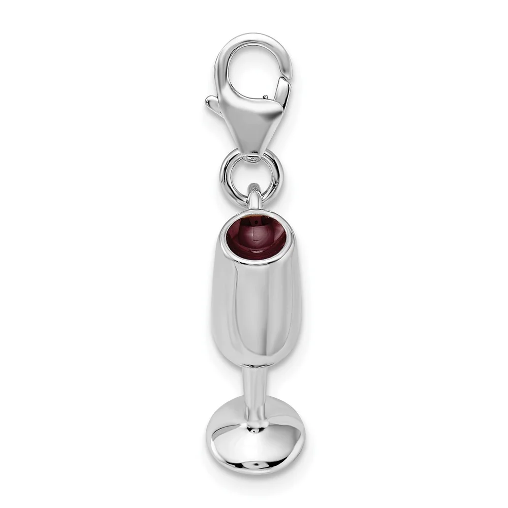 Sterling Silver 3-D Enameled Red Wine Glass w/Lobster Clasp Charm QCC340