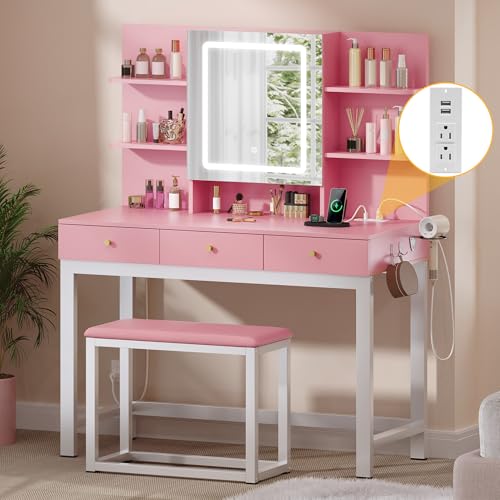 DWVO Vanity Desk with Lights, LED Mirror and Power Outlet, Adjustable 3 Color Lights Modes, Dressing Table with Chair, Makeup Table Set with Hidden Storage Shelves, 3 Drawers, Upgraded, White