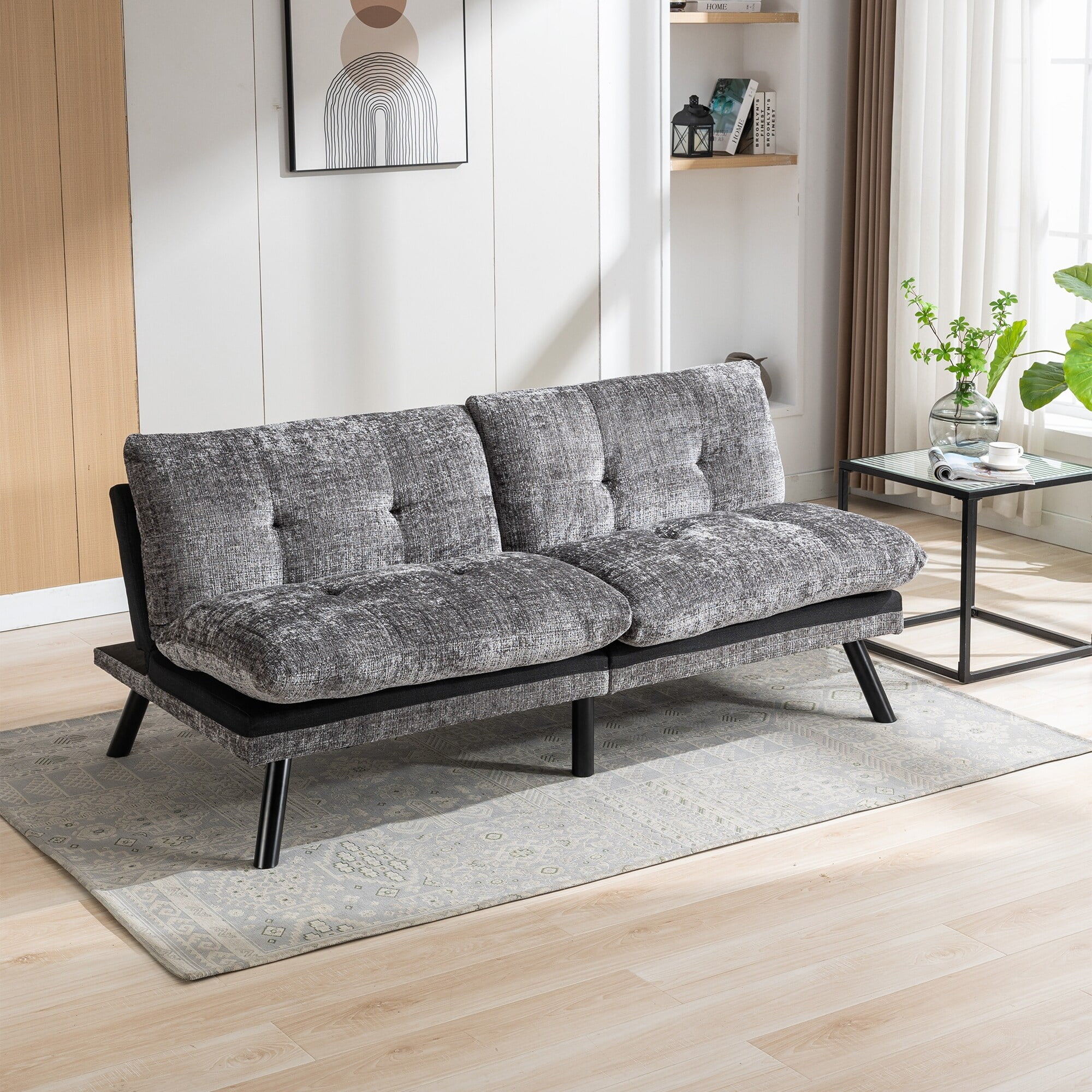 Grey Sleeper Loveseat w/ Convertible Armless Reclining Sofa Settee