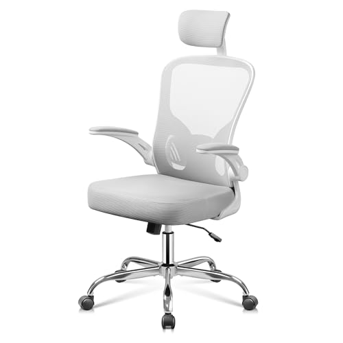 DEVAISE Office Chair High Back Mesh Ergonomic Desk Chair with Flip-up Armrests, Adjustable Headrest and Lumbar Support, White