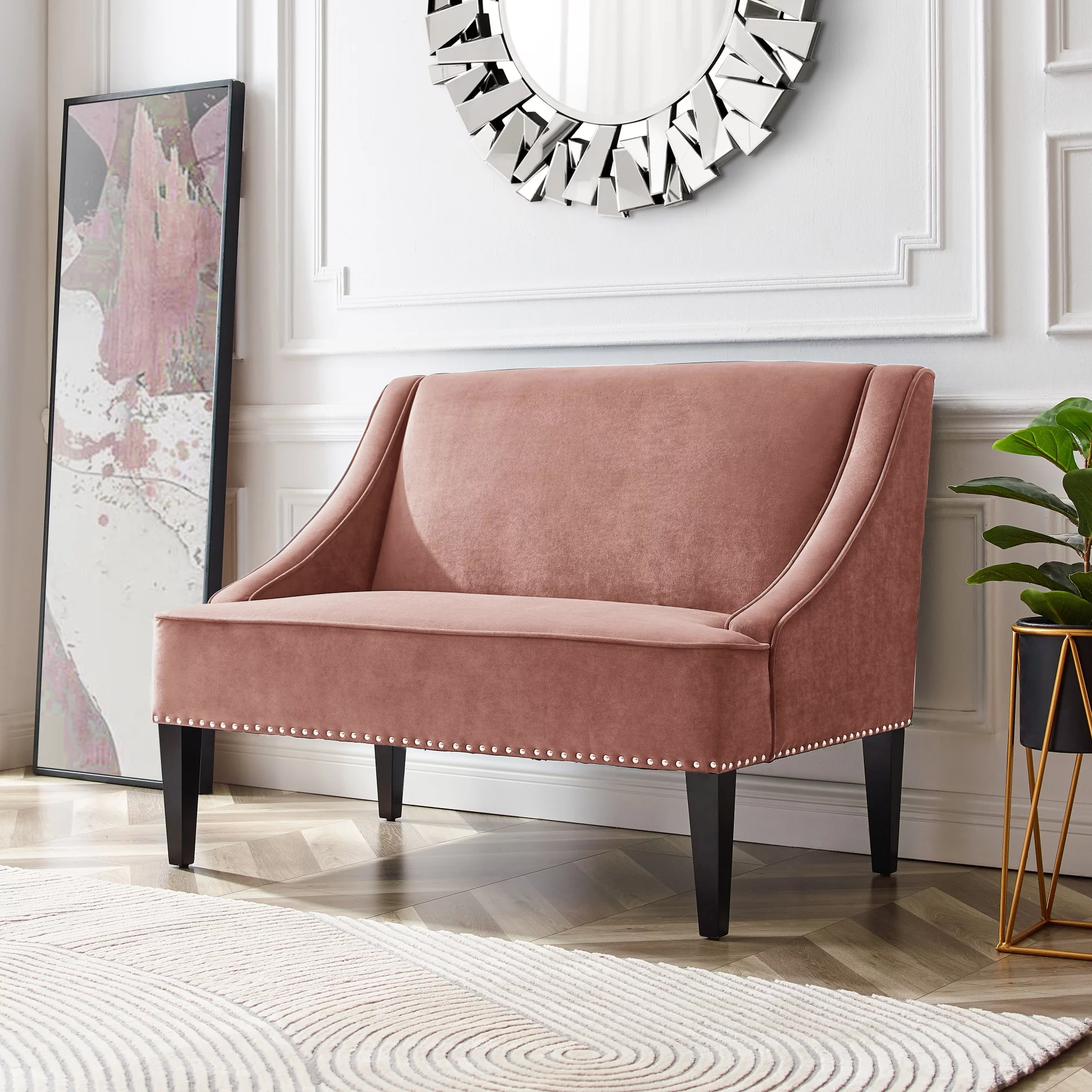 Inspired Home Rayna Blush Velvet Bench - Upholstered | Swoop Arm