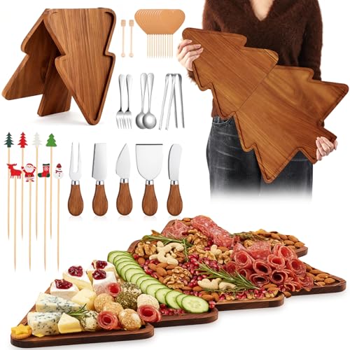 Liliful 76 Pcs Christmas Tree Charcuterie Board Accessories Set 24 x 16 Inch Large Wood Xmas Cutting Board with Cheese Knife Kitchen Gift Ideal Party Serving Platter Fruit Tray, Acacia Color