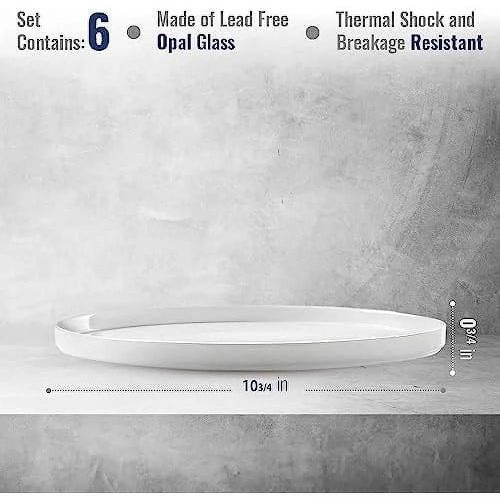 Grangusto Italiana Set Of 6 Flat Plates, Tempered Opal Glass, Clean White, 10.75 Inch. Dinner Plates, Microwave & Dishwasher Safe, Made In Spain. 10.75 Inch