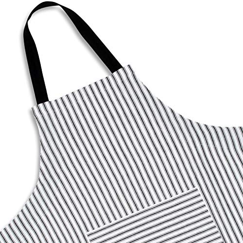 Cackleberry Home Red and White Ticking Stripe Woven Cotton Bib Apron Pocket Adjustable Strap