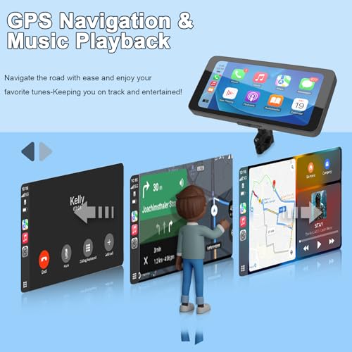 Motorcycle CarPlay & Android Auto, 6.5 Inch Wireless Carplay Screen with GPS Navigation, IP67 Waterproof Touchscreen, Bluetooth, Portable Screen for Motorbike, Dual Bluetooth, Siri, Google Assistant