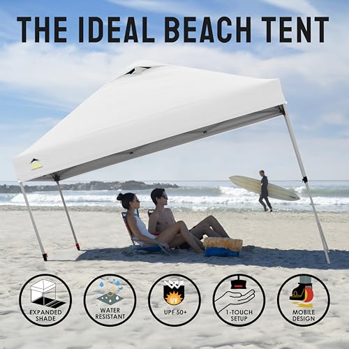 CROWN SHADES 10x10 Pop Up Canopy - Beach Tent with One Push Setup - Easy Outdoor Sun Shade for Events, Parties, Camping - Gazebo with STO-N-Go Cover Bag, Silver Coated Top, White