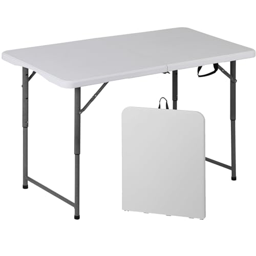 SUPER DEAL Portable 4 Foot Plastic Folding Table, Indoor Outdoor Heavy Duty Fold-in-Half Picnic Party Camping Barbecues Table with Carrying Handle, White