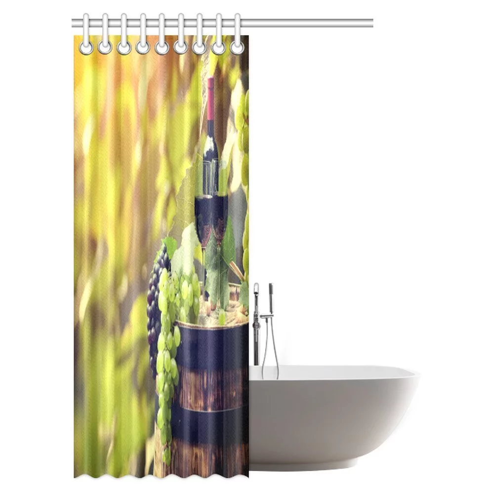 MYPOP Red Wine Bottle and Wine Glass on Old Barrel at Sunset in Chianti Tuscany Italy Landscape Fabric Bathroom Shower Curtain Set with Hooks, 48 X 72 Inches