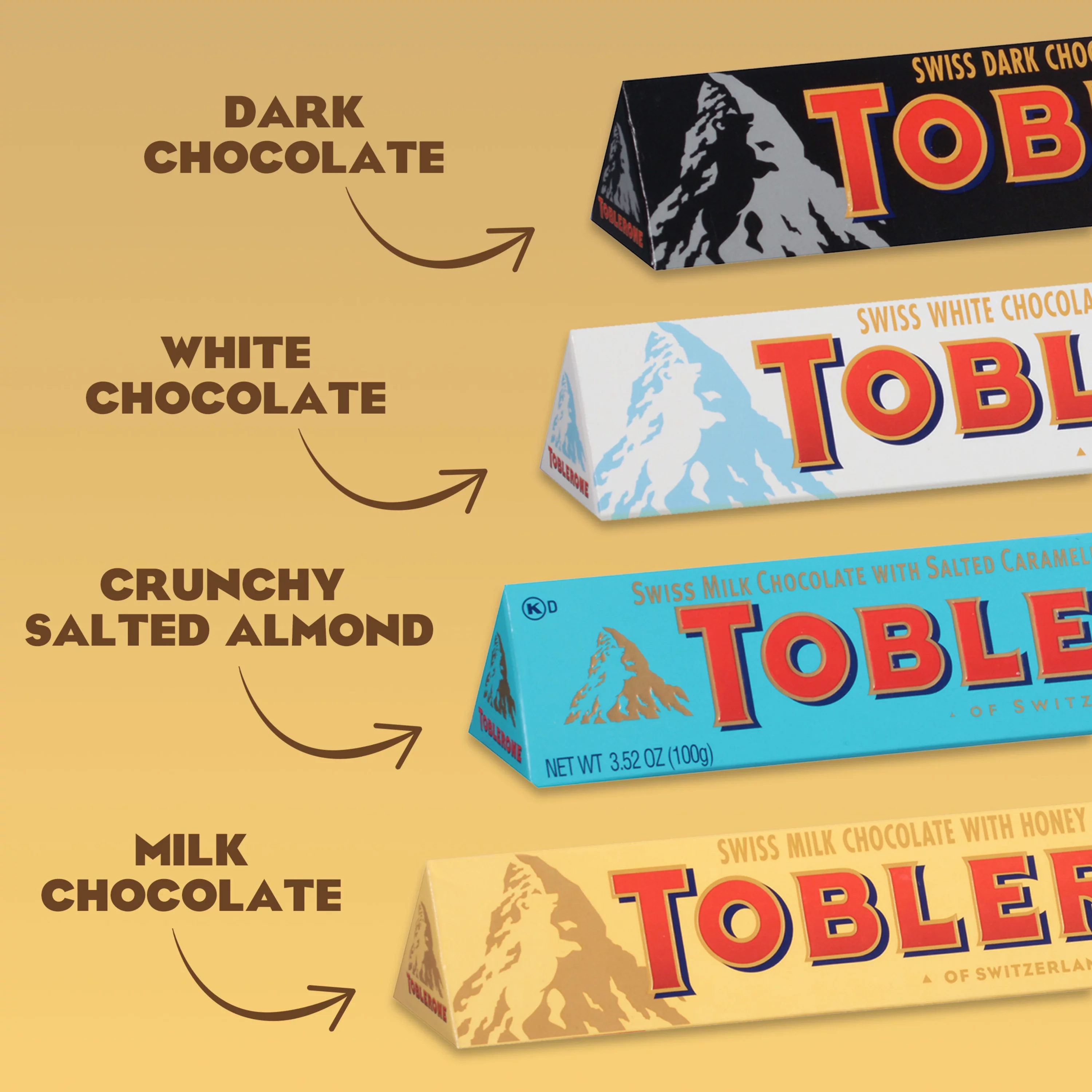 Toblerone Swiss Chocolate Variety Pack, Milk Chocolate, Dark Chocolate, White Chocolate & Crunchy Salted Caramelized Almond, 12 - 3.52 oz Bars