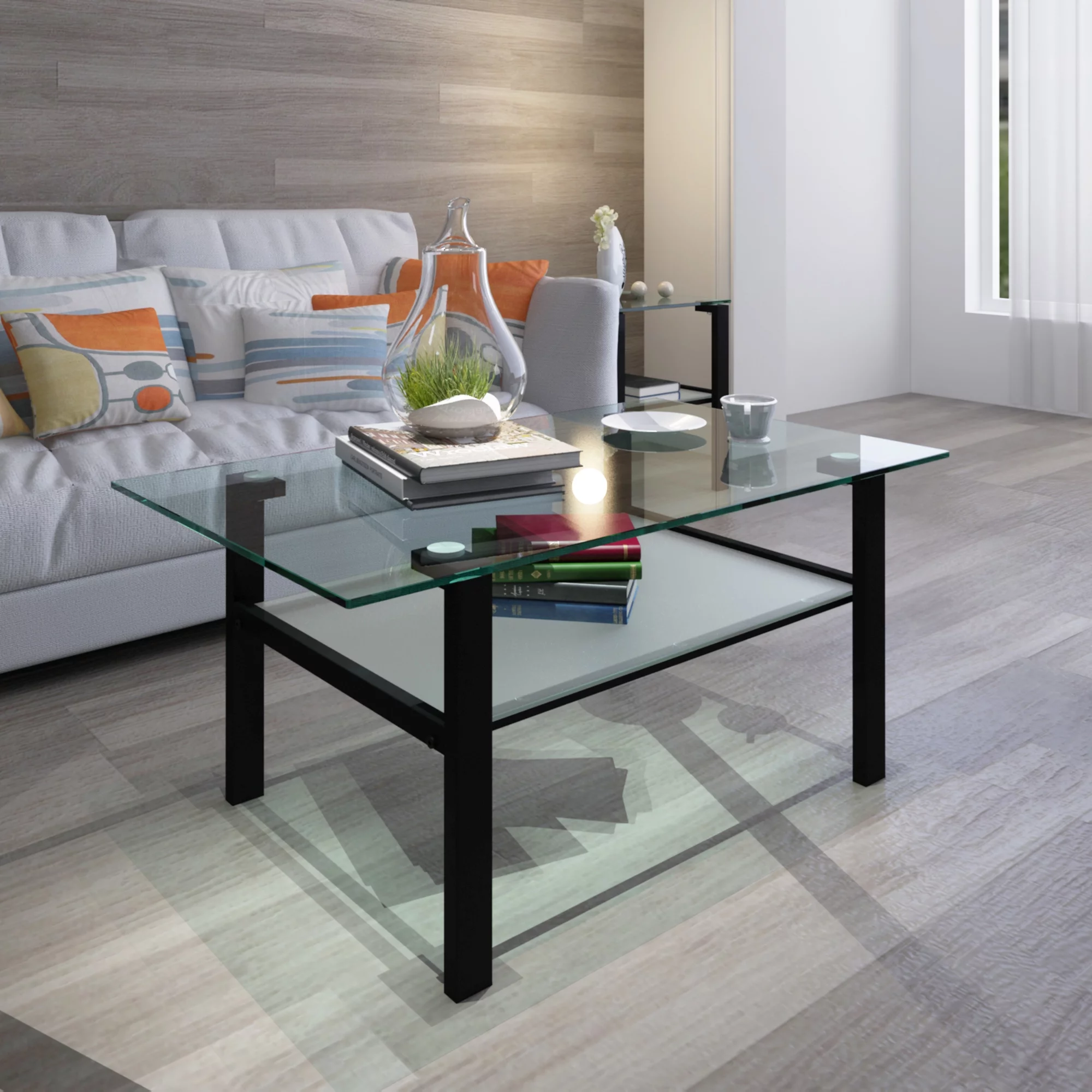 FOAUUH Transparent glass black coffee table, modern simple, living room coffee table, side center table