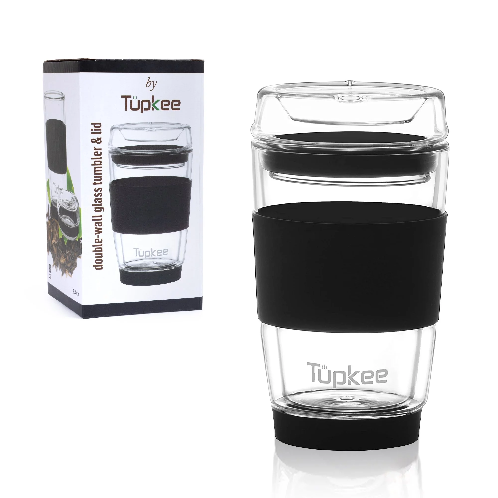Tupkee Double Wall Glass Tumbler - All Glass Reusable Insulated Tea/Coffee Mug & Lid, Hand Blown Glass Travel Mug, 8-Ounce, Black