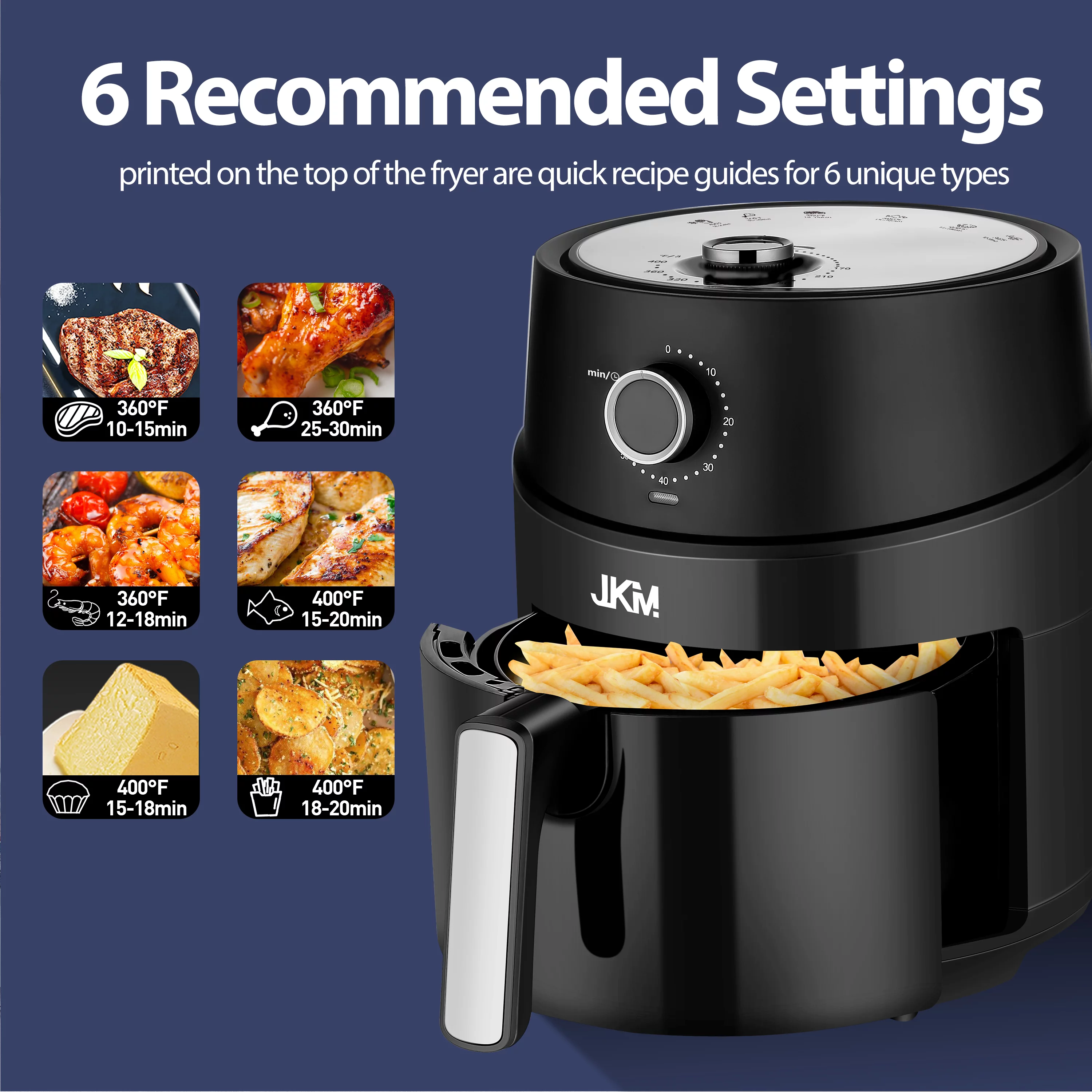 JKM Air Fryer 4.7 Quart, mechanical Air Fryer Oven, Adjustable Timer & Temp, No Oily Smoke Frying Cooking, Auto Shut Off, 1500W, Black