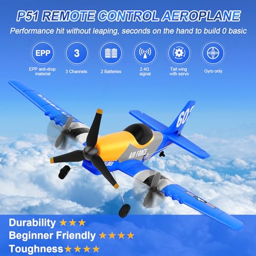 RC Plane 3-Channel 2.4GHZ RC Airplane, P51D Mustang Fighter with 2 Batteries, KF602 Remote Control Plane Gyroscopes Stabilization System Easy to Fly Suitable for Beginners, Kids, Adults