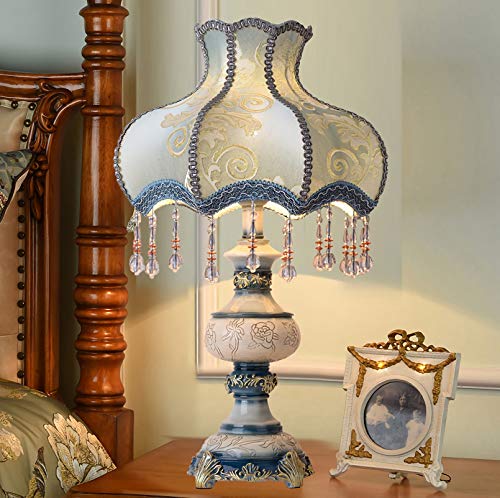Victorian Blue Desk Lamp with Fabric Shade, 13 Inch Table Lamp with E26 Socket – Dimmable, LED-Compatible, Eye-Caring Bedside Light for Bedroom, Office or Living Room