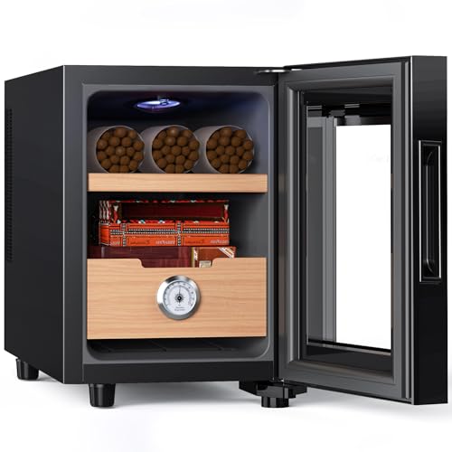 KingChii 8L Electric Cigar Humidors, Temperature Control Cabinet with Spanish Cedar Wood Shelves & Drawer Hygrometer Gifts for Men (80 Counts Capacity)