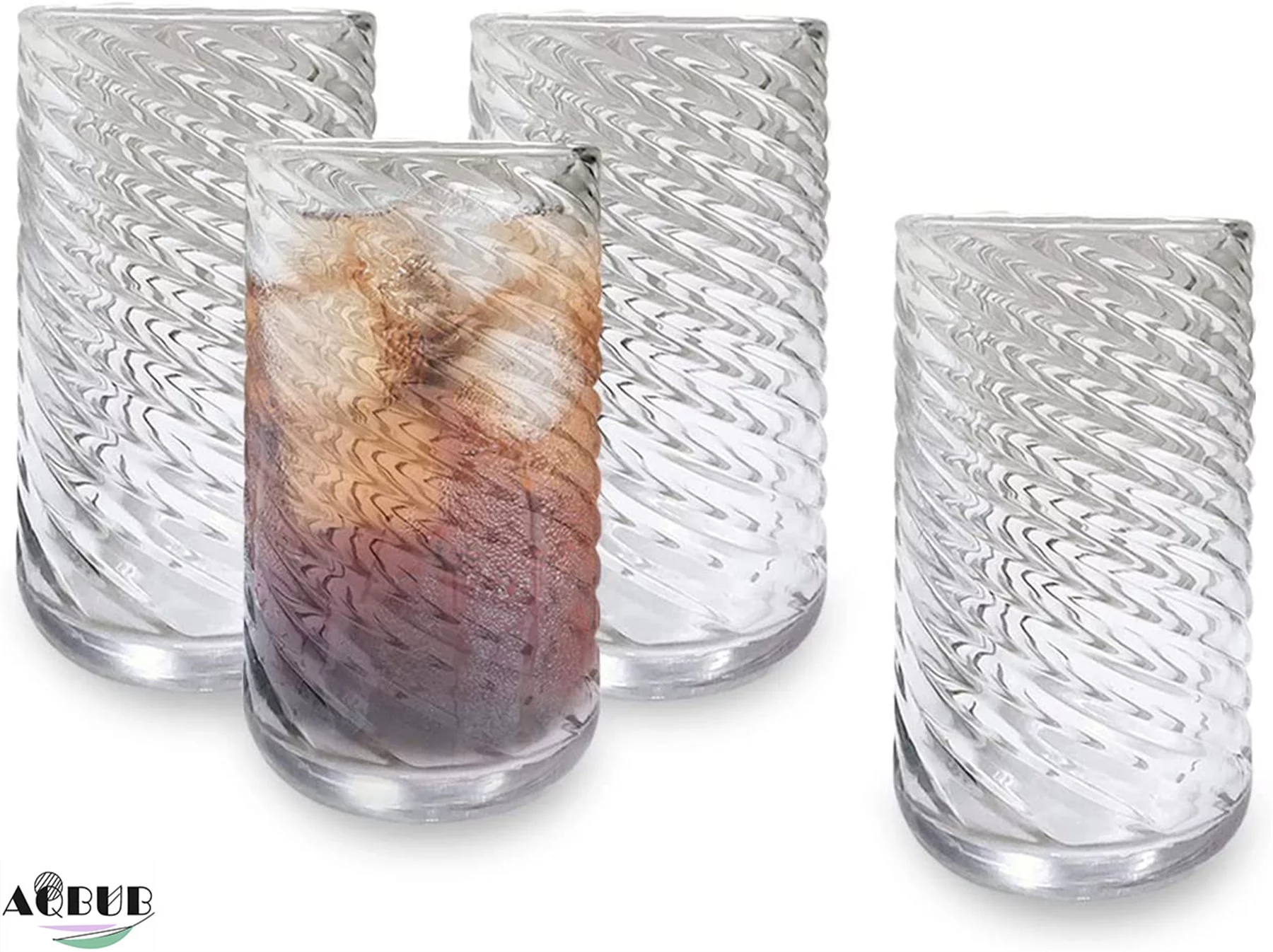 Glass: spiral stripe glass, composed of four thick and heavy glass wine glasses, ice coffee, cocktail, juice, beer, and vintage glassware for dinner, bar and Restaurant