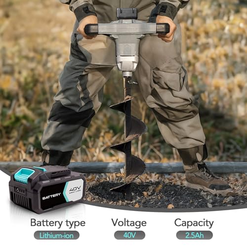 40V Brushless Cordless Earth Auger 6 Inch Post Hole Digger w/ 2,5AH Battery, 4A Charger, Led Work Light，Forward & Reverse Direction