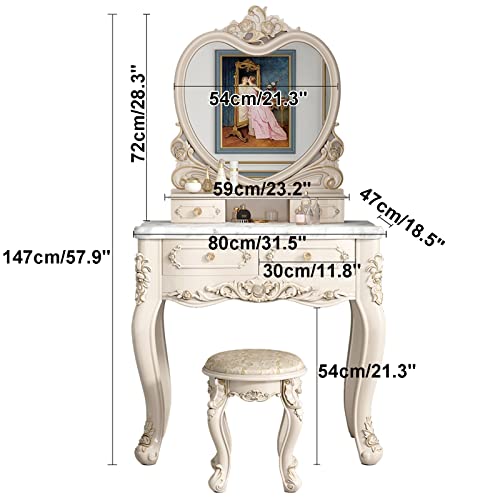 Makeup Vanity with LED 3-Color Touch Light Mirror,Makeup Desk with Cushioned Stool,White Makeup Vanity with Storage for Women (Color : Heart Shaped Mirror, Size : 80cm/31.5
