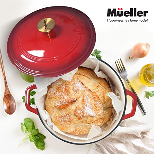 Mueller 6qt Enameled Cast Iron Dutch Oven, Heavy-Duty Casserole and Braiser Pan with Lid and Knob, Oven-Safe up to 500° F & Across All Cooktops, White
