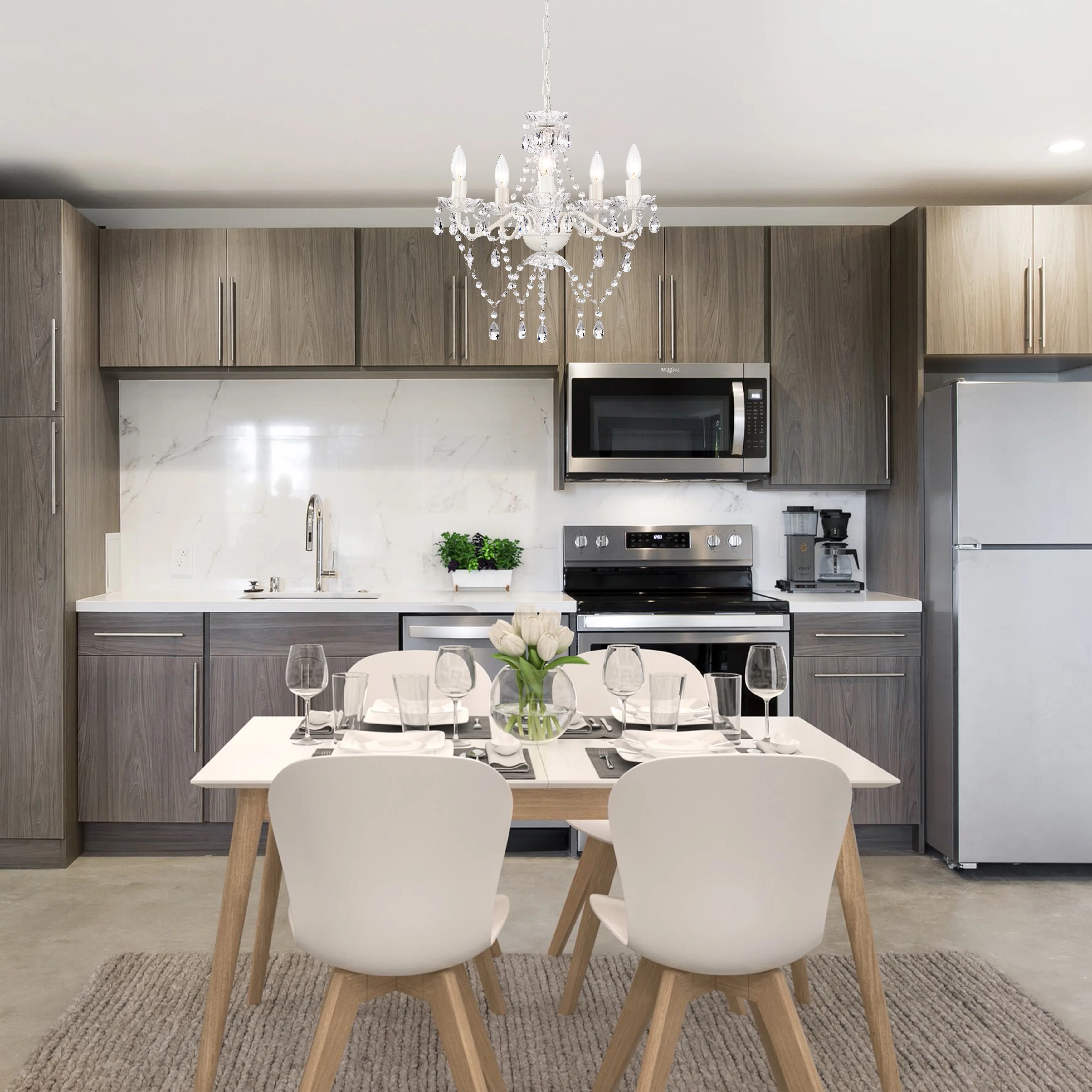 White Chandelier Mini Crystal Chandelier Pendant Ceiling Light Fixture 5-Light Small Chandeliers for Dining Room