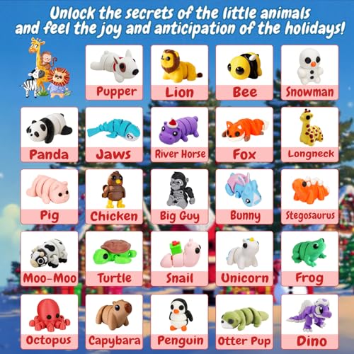 Kids Advent Calendar with 24 Mini 3D Printed Articulated Mini Animals - Flexible Fidget Toy Set for Boys & Girls, Ideal as Christmas Party Favors and Daily Gift Surprises Unique Executive Desk Toys for 3D Printed Animalsgon Birthday Party Decorations