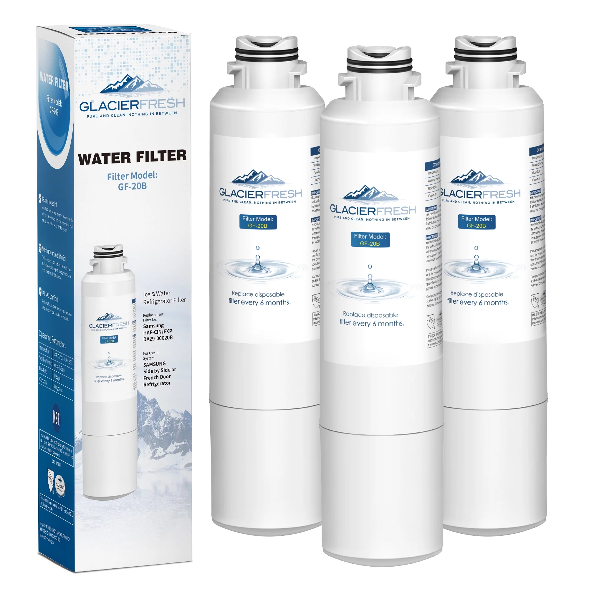 GLACIER FRESH DA29-00020B Refrigerator Water Filter Compatible with DA29-00020A/B,3 Pack