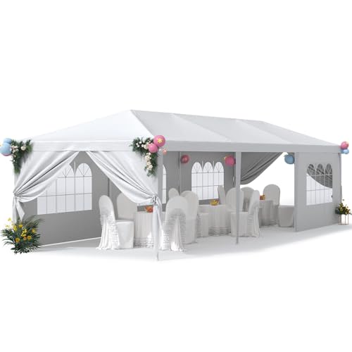 Greesum 10 x 30 Outdoor Canopy, Gazebo with 8 Removable Sidewalls, Outside Waterproof Wedding Canopies for Events, White
