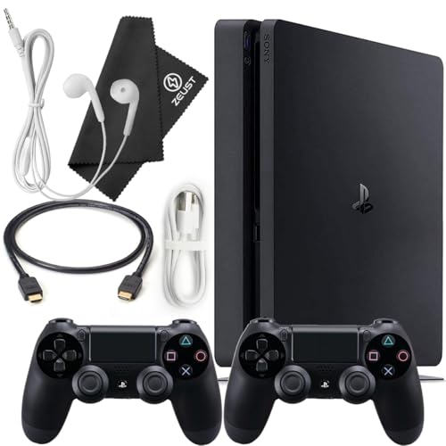 PlayStation 4 Slim 500GB Console Bundle - Includes the PS4 Slim Console 500GB, 2 Dualshock 4 Wireless Controllers, MicroUSB Charging Cable, HDMI cable, Wired Earbuds and Microfiber Cloth (Renewed)