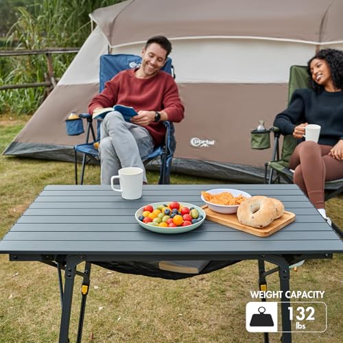 PORTAL Outdoor Folding Portable Picnic Camping Table with Adjustable Height Aluminum Roll Up Table Top Mesh Layer, Silver