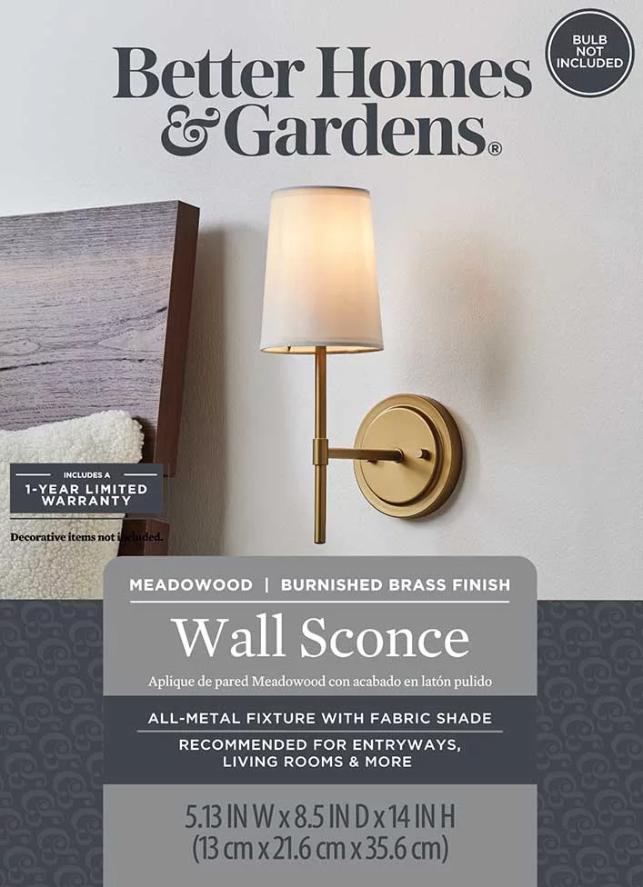 Better Homes & Gardens 1 Light Wall Sconce,Burnished Brass,White Fabric Shade,Bulb Not Included