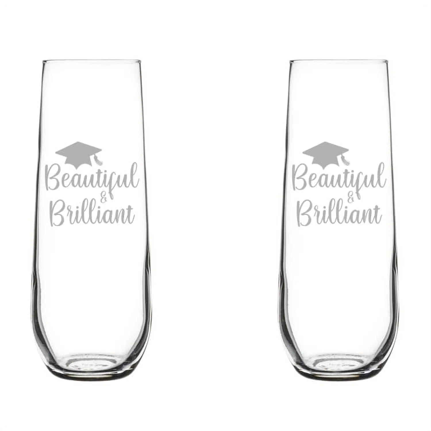 Set of 2 Glass Champagne Flutes Sparkling Wine Glasses Beautiful Brilliant Grad Graduation Gift (8.5 oz Stemless)