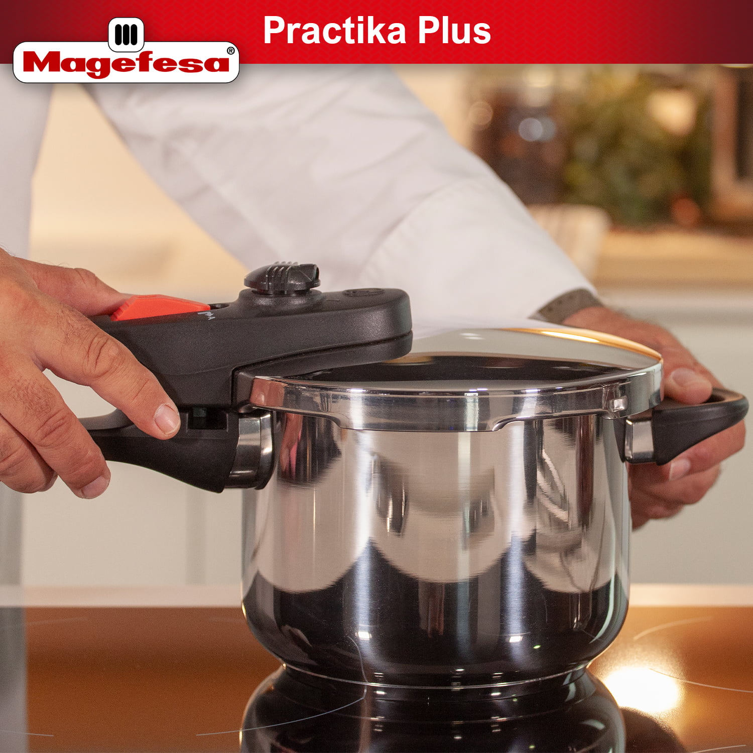 MAGEFESA ® Practika Plus Super Fast pressure cooker, 3.3 Quart, 18/10 stainless steel, suitable induction, excellent heat distribution, 5-layer encapsulated heat diffuser bottom, 5 safety systems