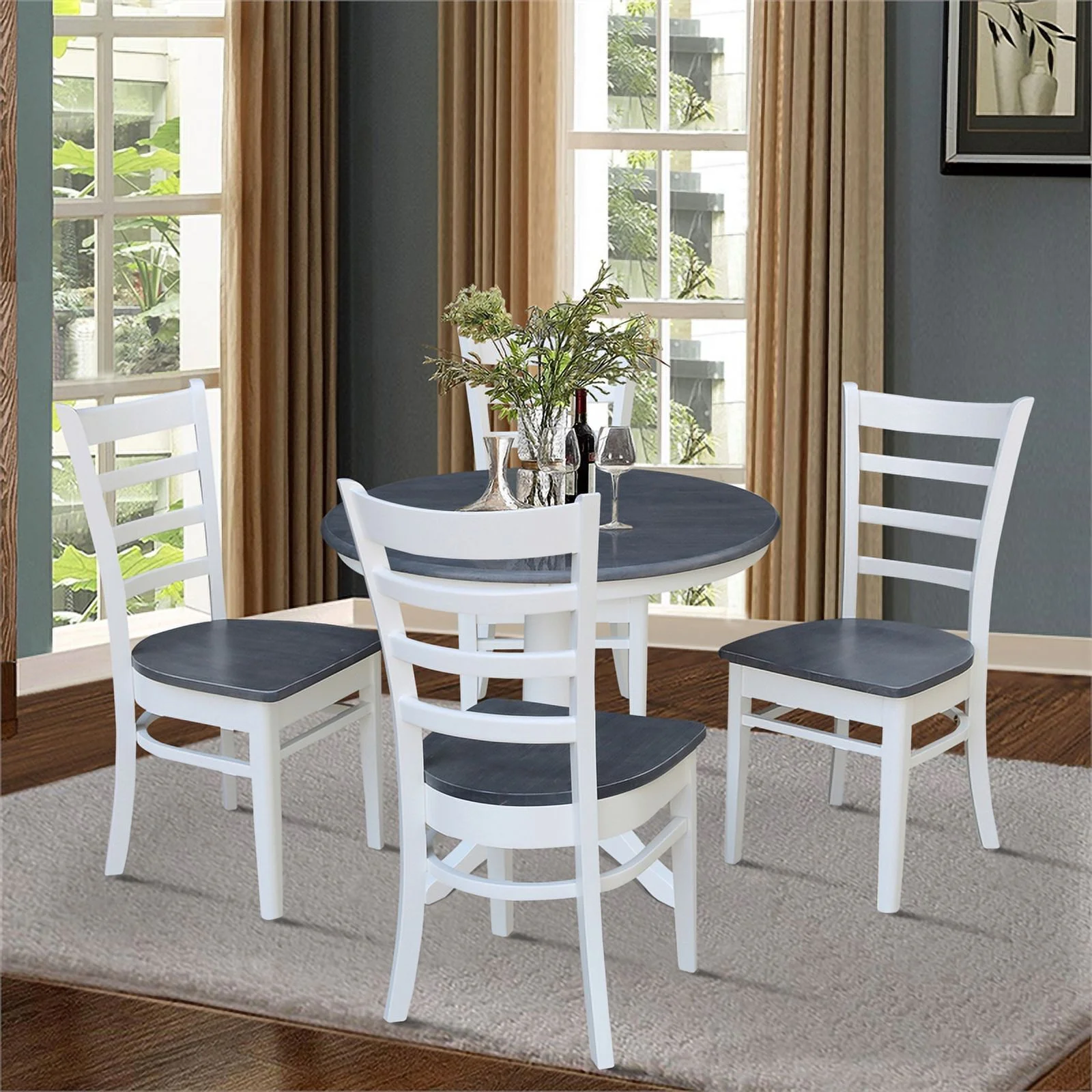 36 in Round Wood Pedestal Dining Table with 4 Chairs in White and Heather Gray