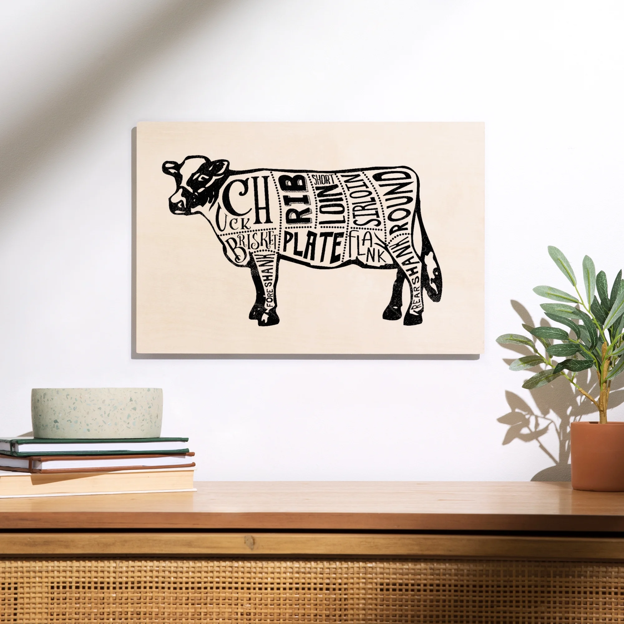 Beef, Butchers Block Meat Cuts, Black Cow on White Birch Wood Wall Sign (12x18 Rustic Home Decor, Ready to Hang Art)