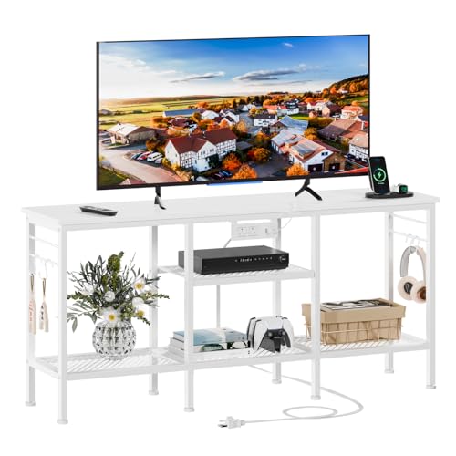 Furologee TV Stand with Power Outlets, Entertainment Center with Open Storage Shelves for TVs up to 55 Inch, Media Console Table with Soundbar Shelf for Living Room, Bedroom, Rustic Brown