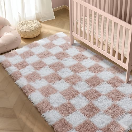 Checkered Rug 8x10 for Living Room, Beige and White Modern Shag Rug Washable Non-Slip Large Area Rug Super Soft Indoor Fuzzy Carpet Fluffy Rugs for Bedroom Home Aesthetic Decor