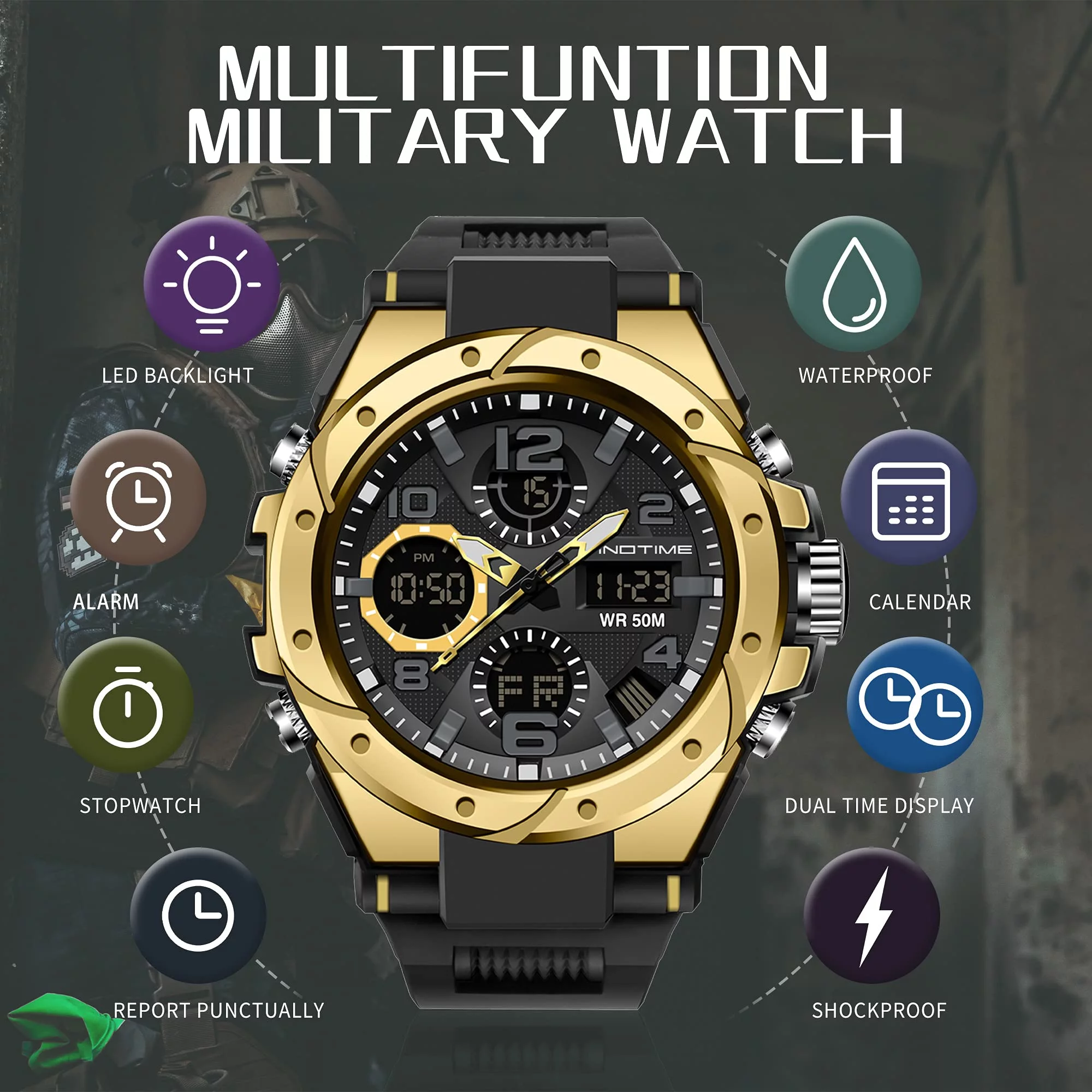 Findtime Military Watches for Men Waterproof Tactical Mens LED Watch Backlight Digital Reloj de Hombre Militar Resistente Al Agua Sport Tactics Dual Time