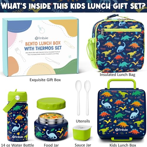 Fimibuke Kids Bento Lunch Box with Thermos, Leakproof Toddler Bento Box with 8.5 OZ Insulated Food Jar, Lunch Bag, Kids Water Bottle, 3 or 4 Compartment Container for Back to School Toddler Girls Boys
