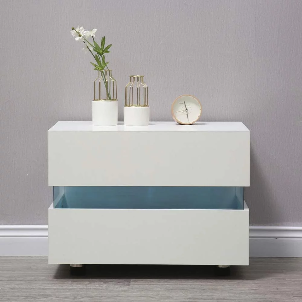 Anqidi White/Black High Gloss Nightstand, Modern Multi-color LED Light Bedside End Table Minimalist Storage Cabinet with 2 Drawers