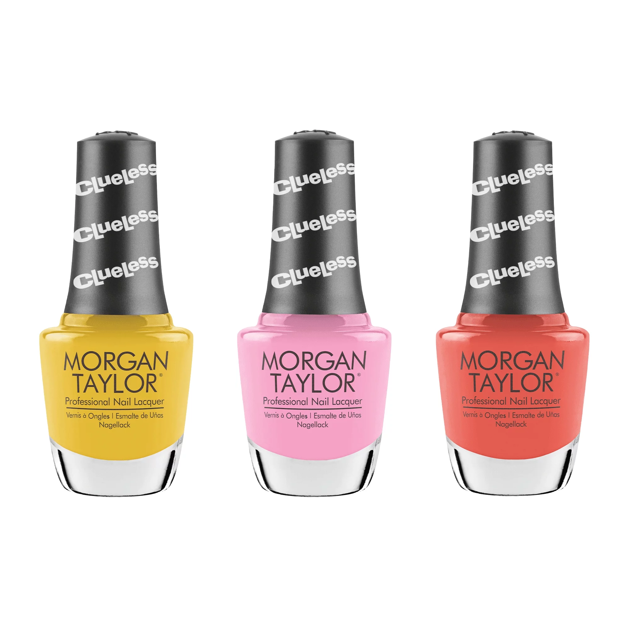Morgan Taylor Clueless Collection Nail Lacquer Polish Manicure 3 Color Set (yellow, pink, coral)